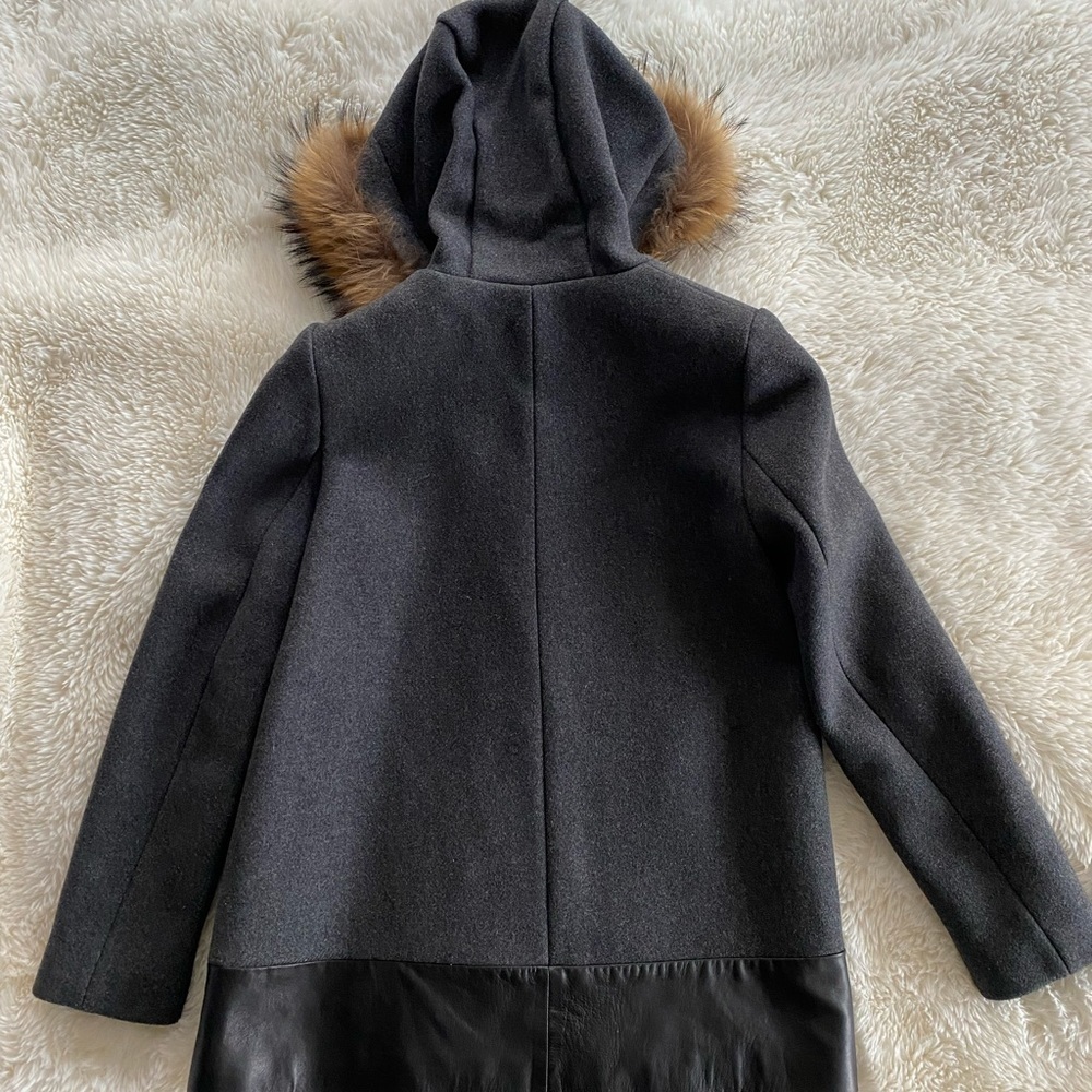Sandro Manoli Fur Trim Leather Panel Wool Coat Gray - Picture 6 of 11